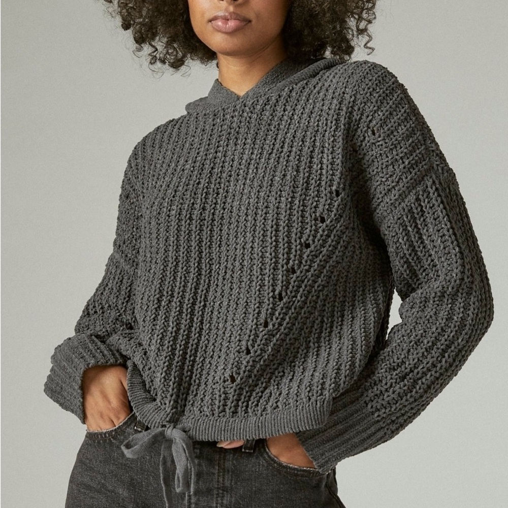 🔥NWOT🔥 Lucky Brand Matte Chenille Eyelet Distressed Sweater Knit Hoodie XL
